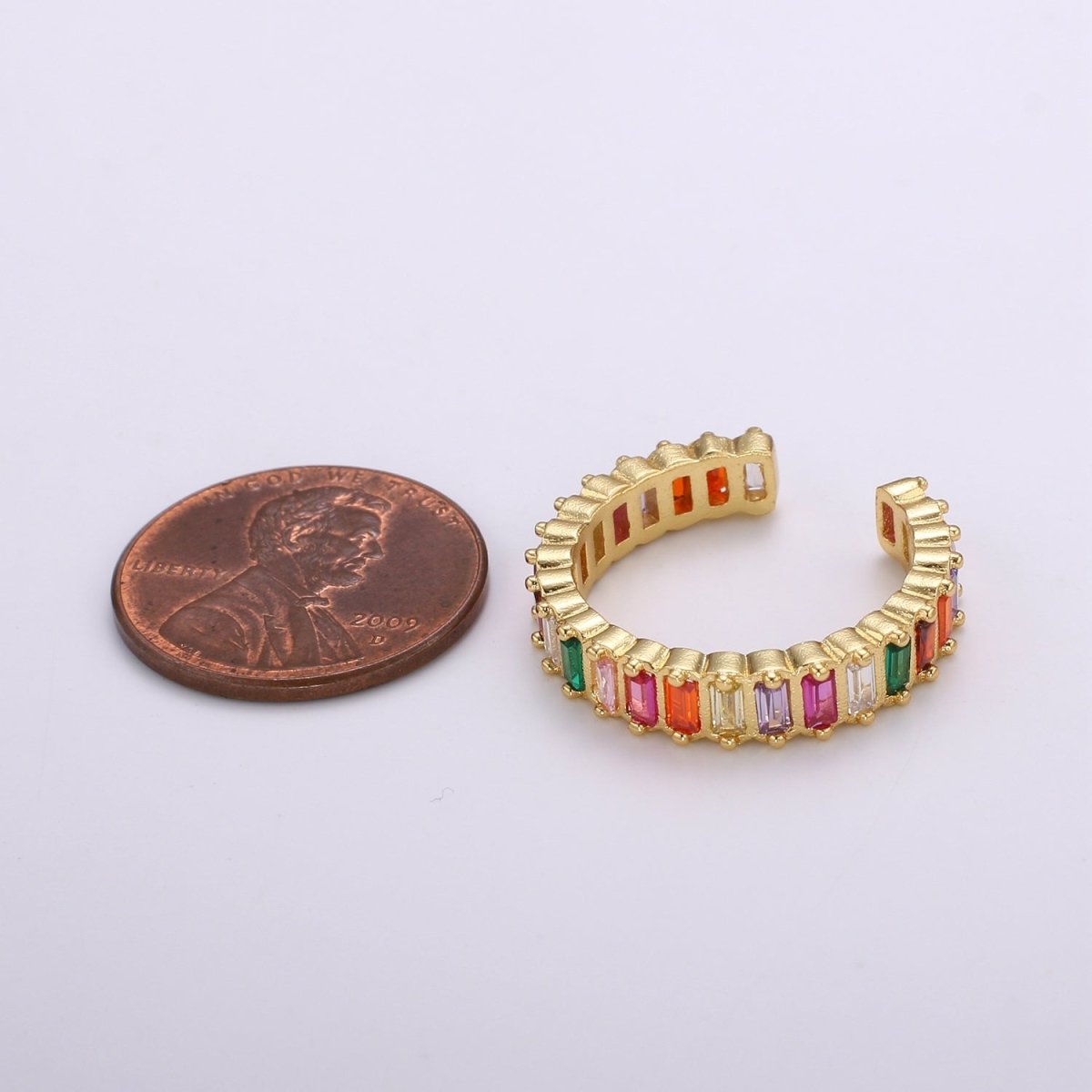 Chunky Rainbow CZ 24k Gold Ring, Adjustable Gold Cubic Open Ring, Baguette Ring, Statement ring Zirconia Ring for DIY Jewelry R314