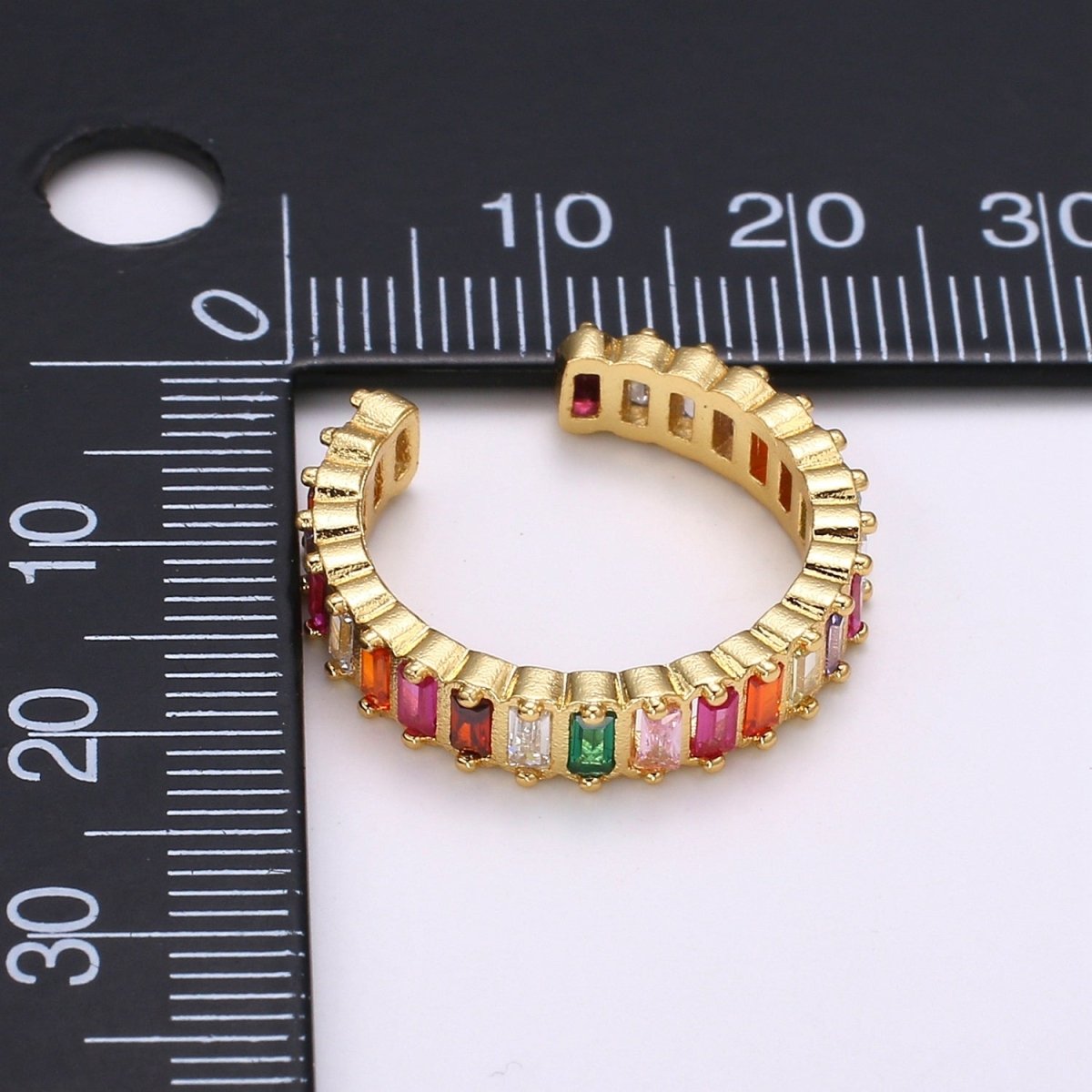 Chunky Rainbow CZ 24k Gold Ring, Adjustable Gold Cubic Open Ring, Baguette Ring, Statement ring Zirconia Ring for DIY Jewelry R314