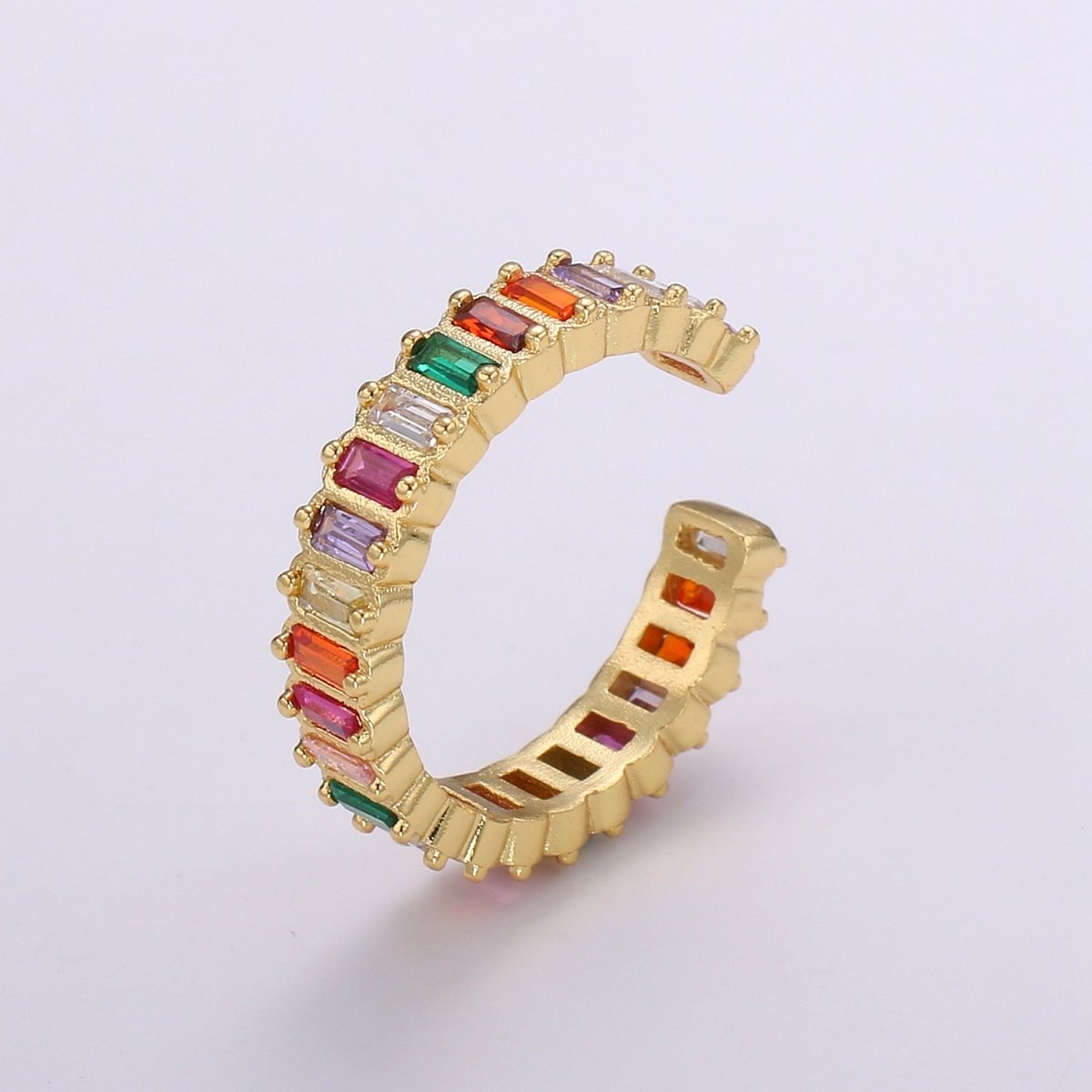 Chunky Rainbow CZ 24k Gold Ring, Adjustable Gold Cubic Open Ring, Baguette Ring, Statement ring Zirconia Ring for DIY Jewelry R314