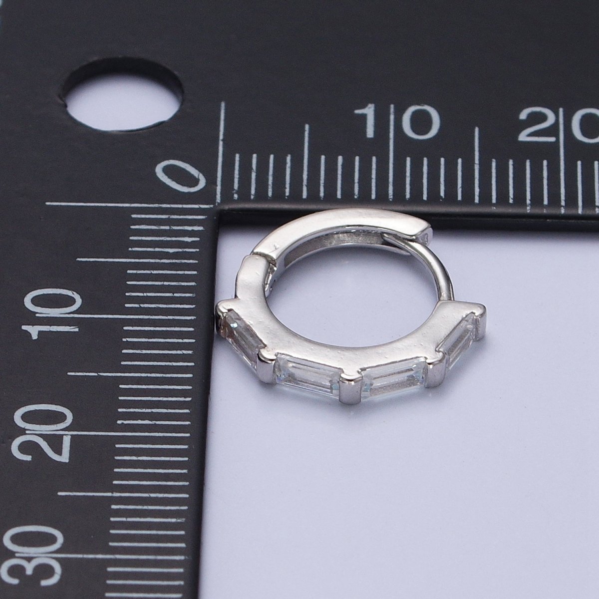 Clear Baguette Lined 14mm Silver Huggie Hoop Earrings | AB449