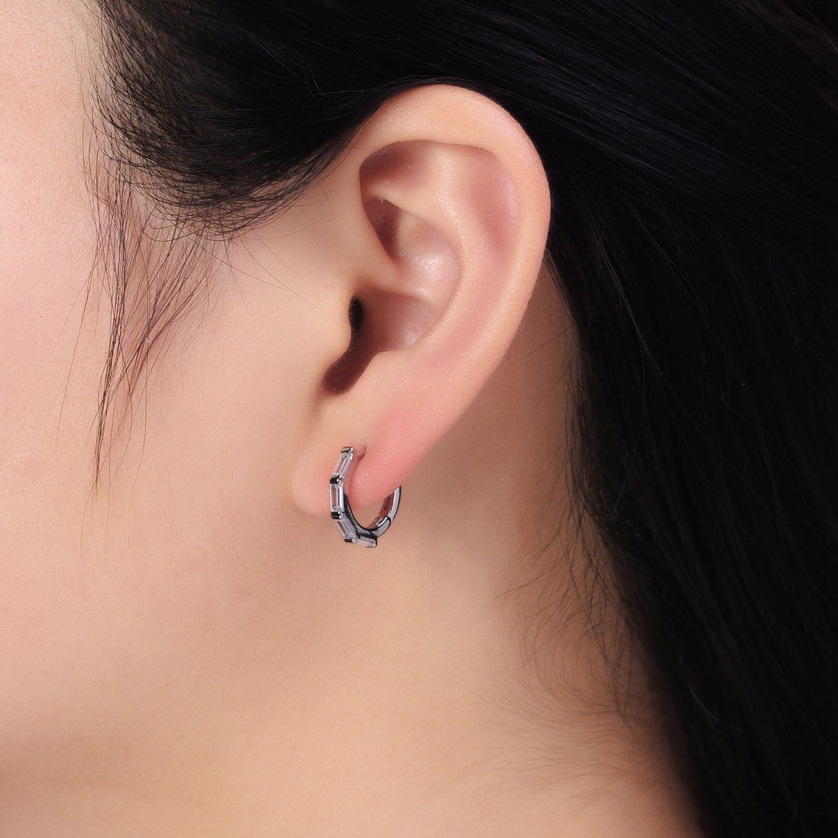 Clear Baguette Lined 14mm Silver Huggie Hoop Earrings | AB449