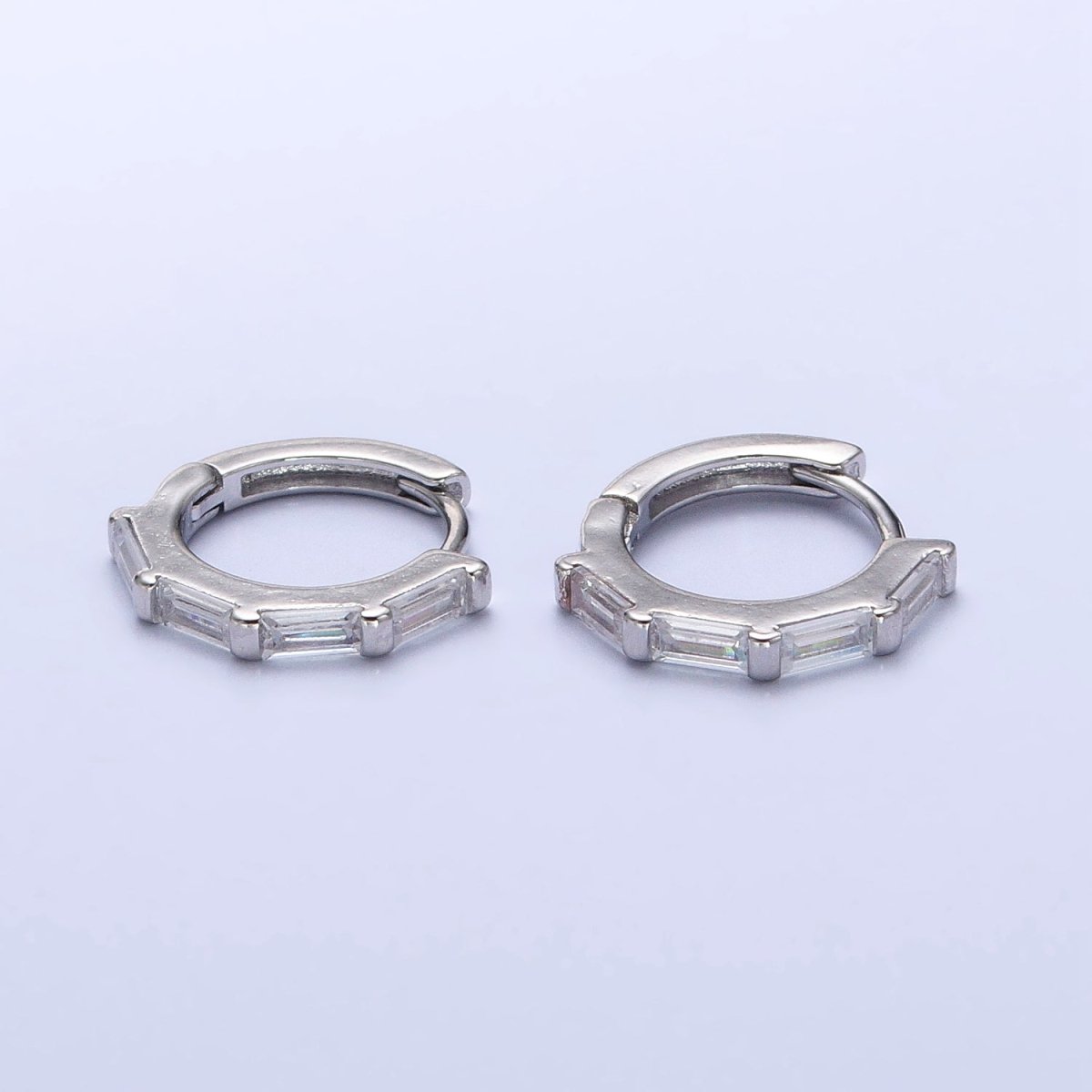 Clear Baguette Lined 14mm Silver Huggie Hoop Earrings | AB449