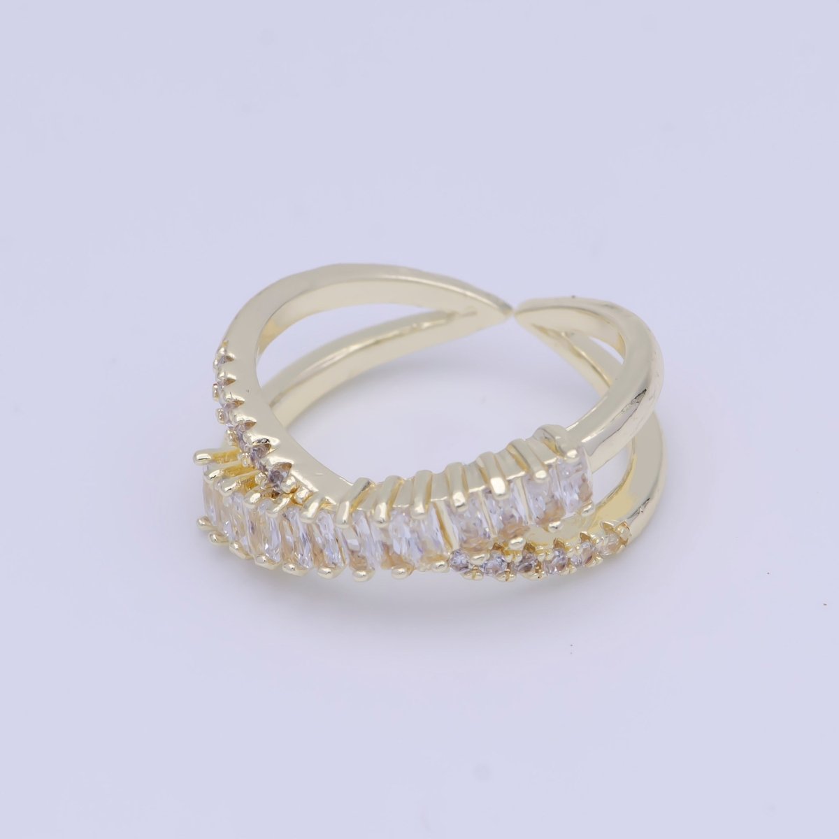 OS Clear Baguette Micro Paved Crossed Double Band Gold Ring | O483