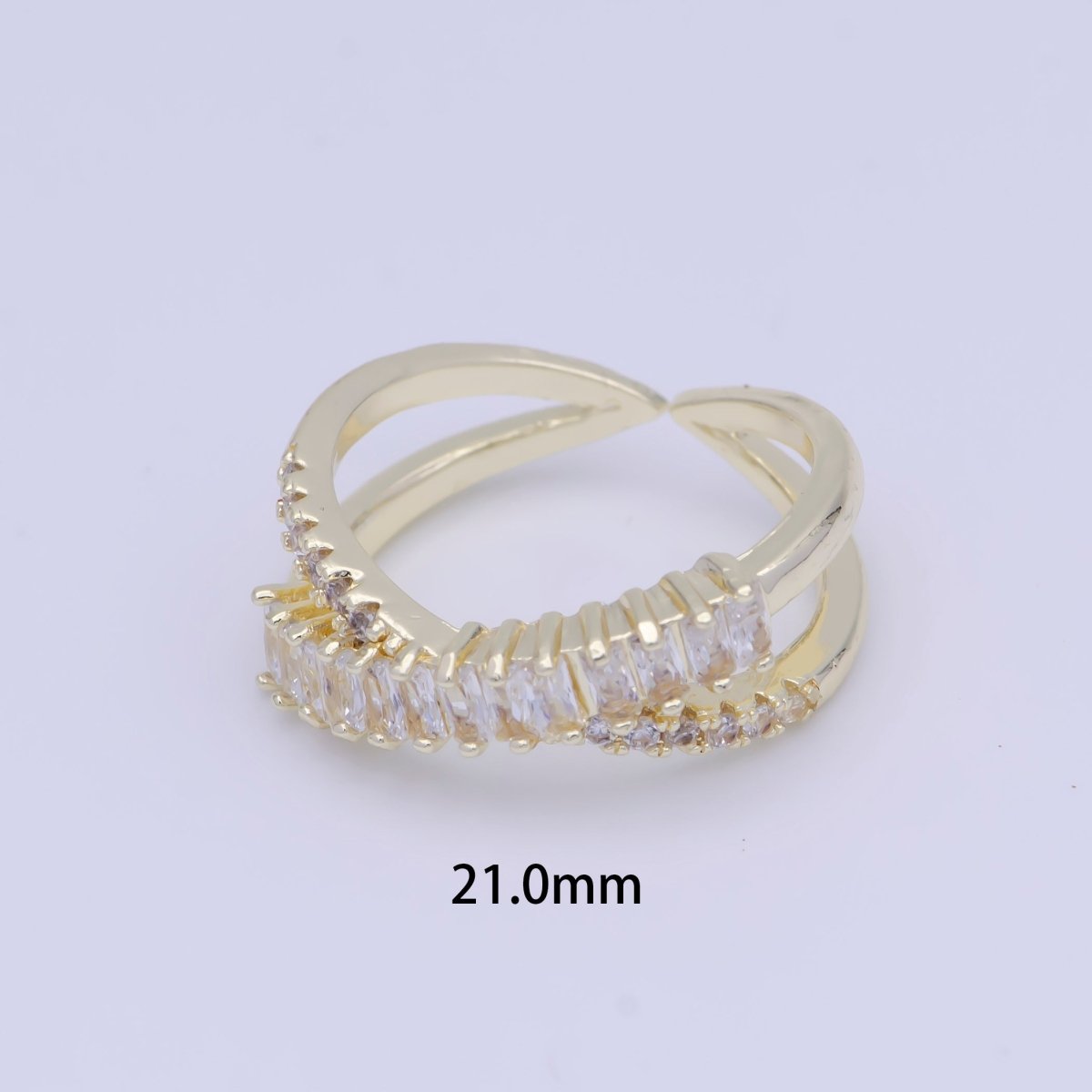 OS Clear Baguette Micro Paved Crossed Double Band Gold Ring | O483