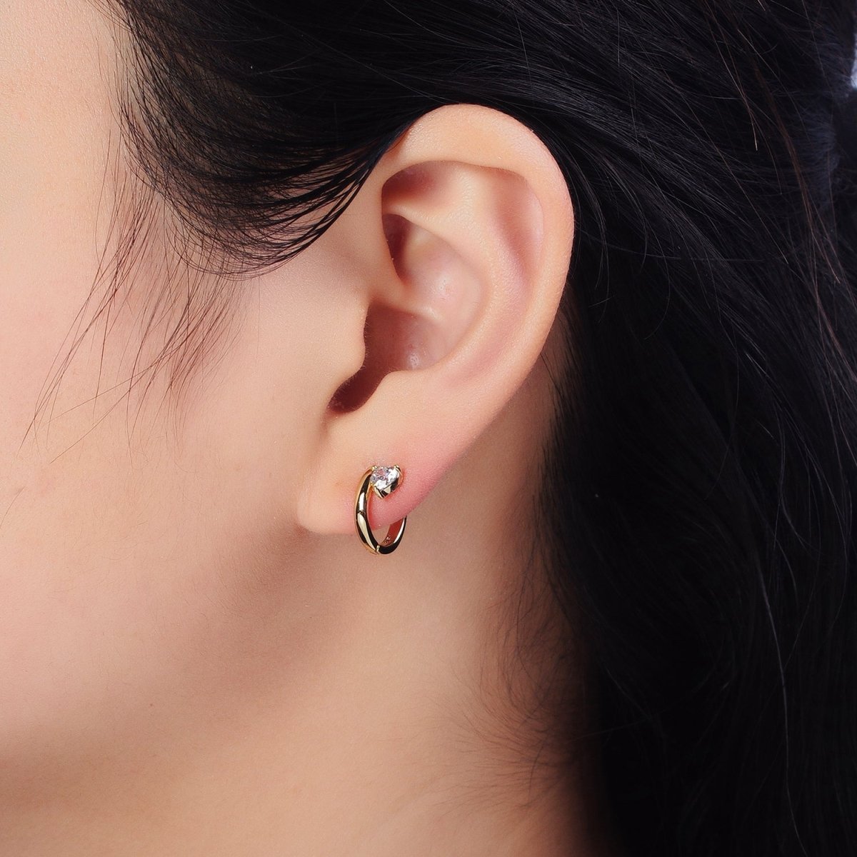 Clear CZ Heart Spiral 12mm Gold Cartilage Minimalist Huggie Earrings | AB429