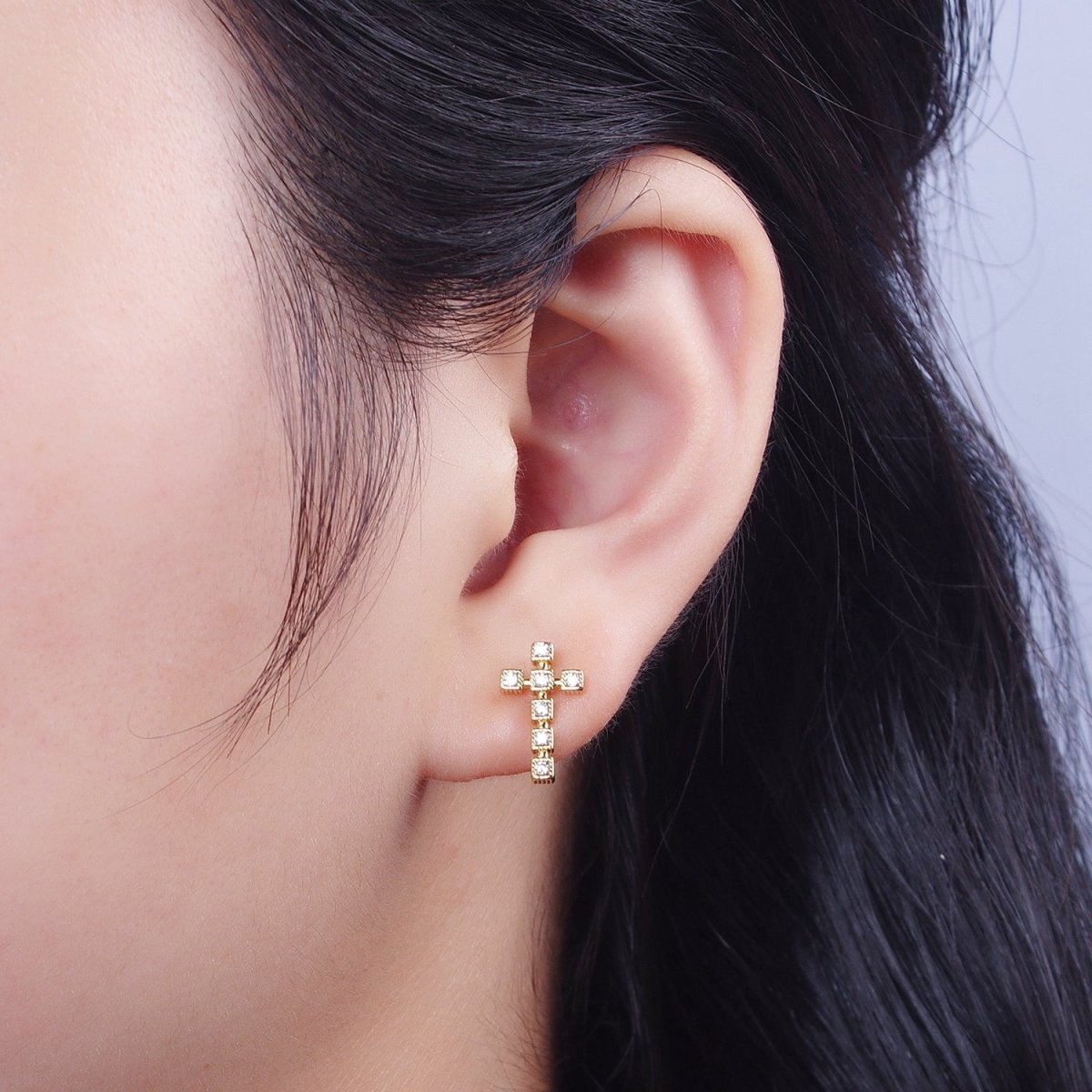 Clear Green Fuchsia Cross Square Baguette Cubic Zirconia CZ Gold Religious Stud Earrings | P-279 P-280 P-281