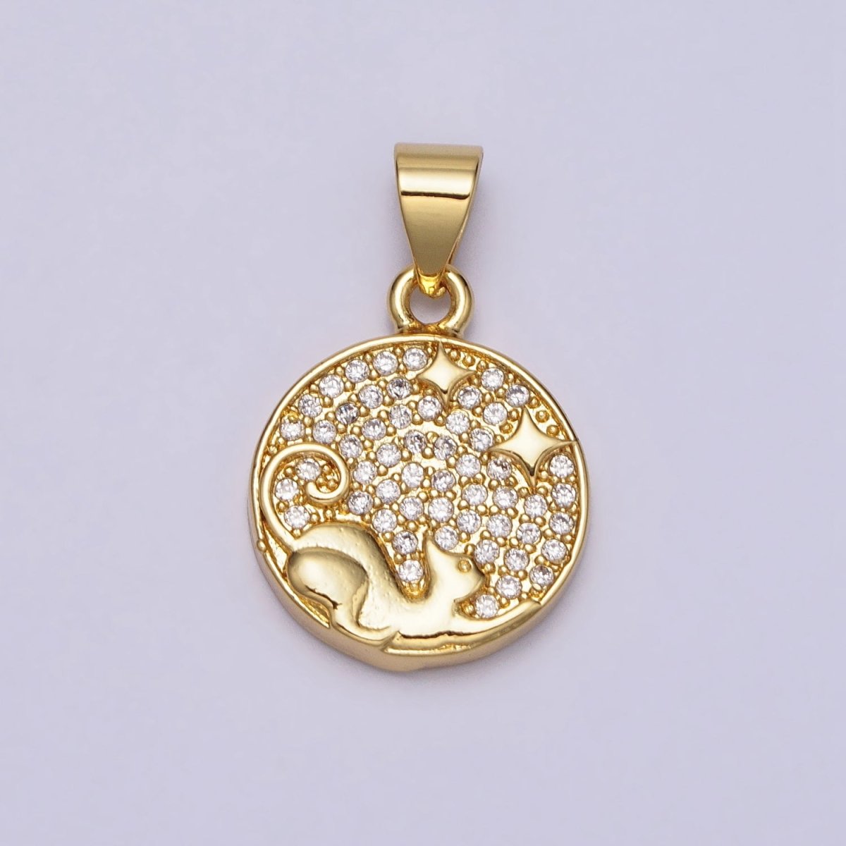 Clear Micro Paved CZ Curling Pet Cat Stars Gold Round Pendant | AA092