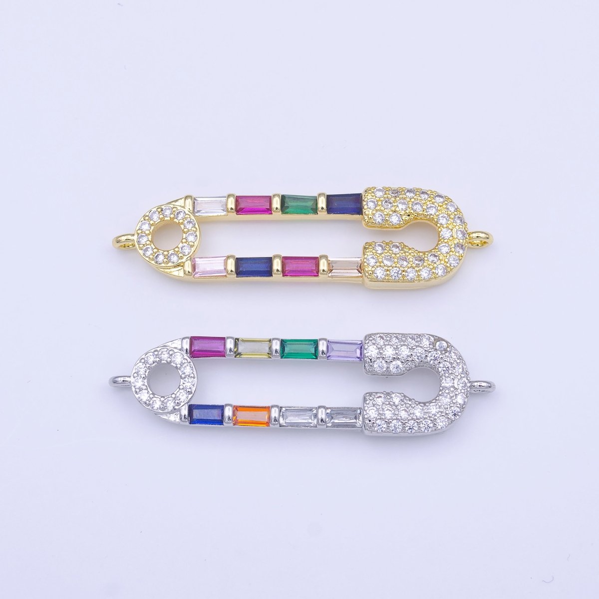 Clear Micro Paved CZ Multicolor Baguette Link Safety Pin Connector in Gold & Silver | Y-655 Y-656