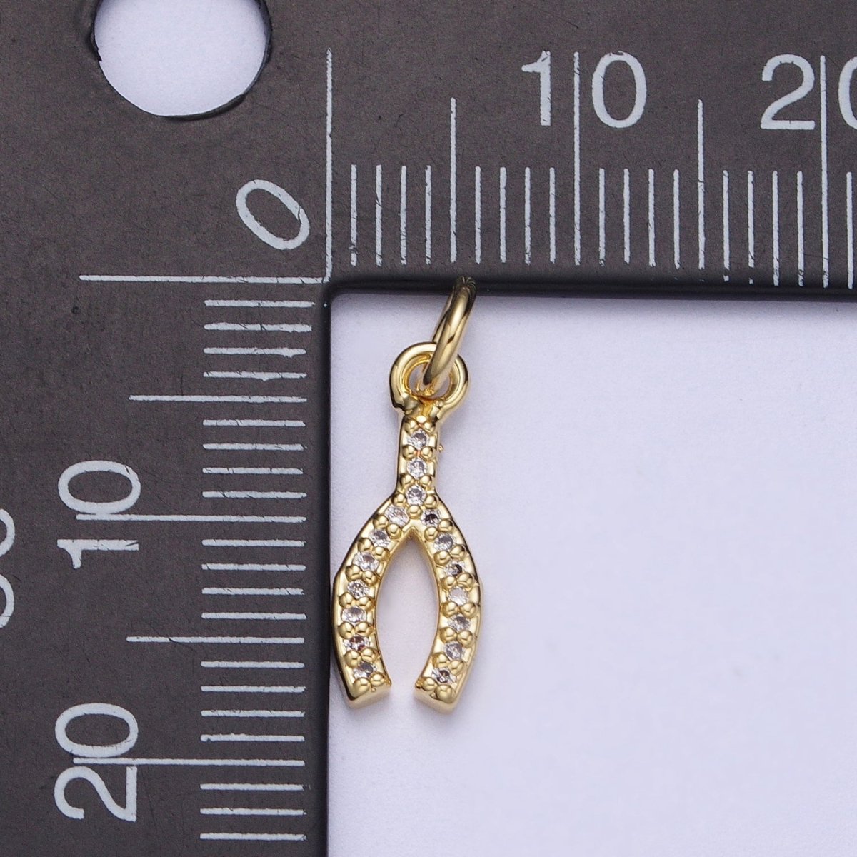 Clear Micro Paved Gold Lucky WishBone Wish Bone Cubic Zirconia Charm | N-374