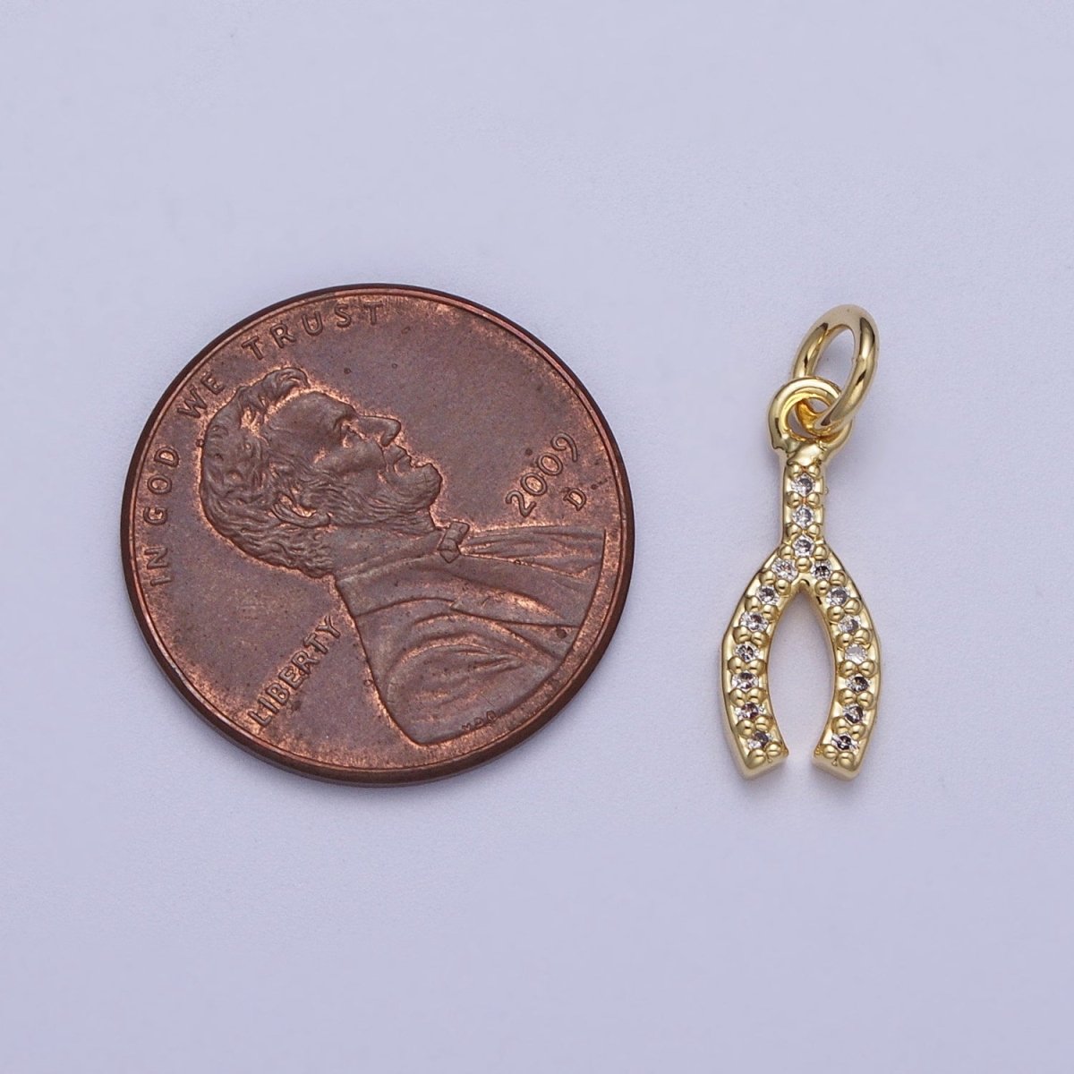 Clear Micro Paved Gold Lucky WishBone Wish Bone Cubic Zirconia Charm | N-374