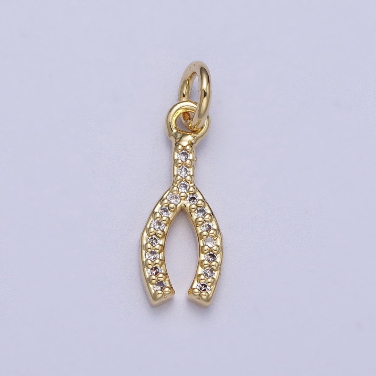 Clear Micro Paved Gold Lucky WishBone Wish Bone Cubic Zirconia Charm | N-374