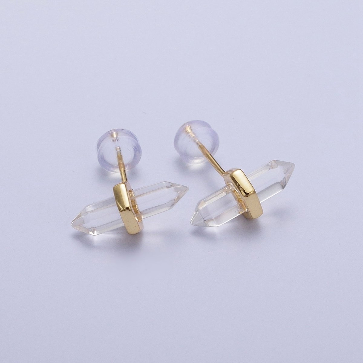 Clear Quartz Pointed Wand Gold Minimalist Stud Earrings | AD-097