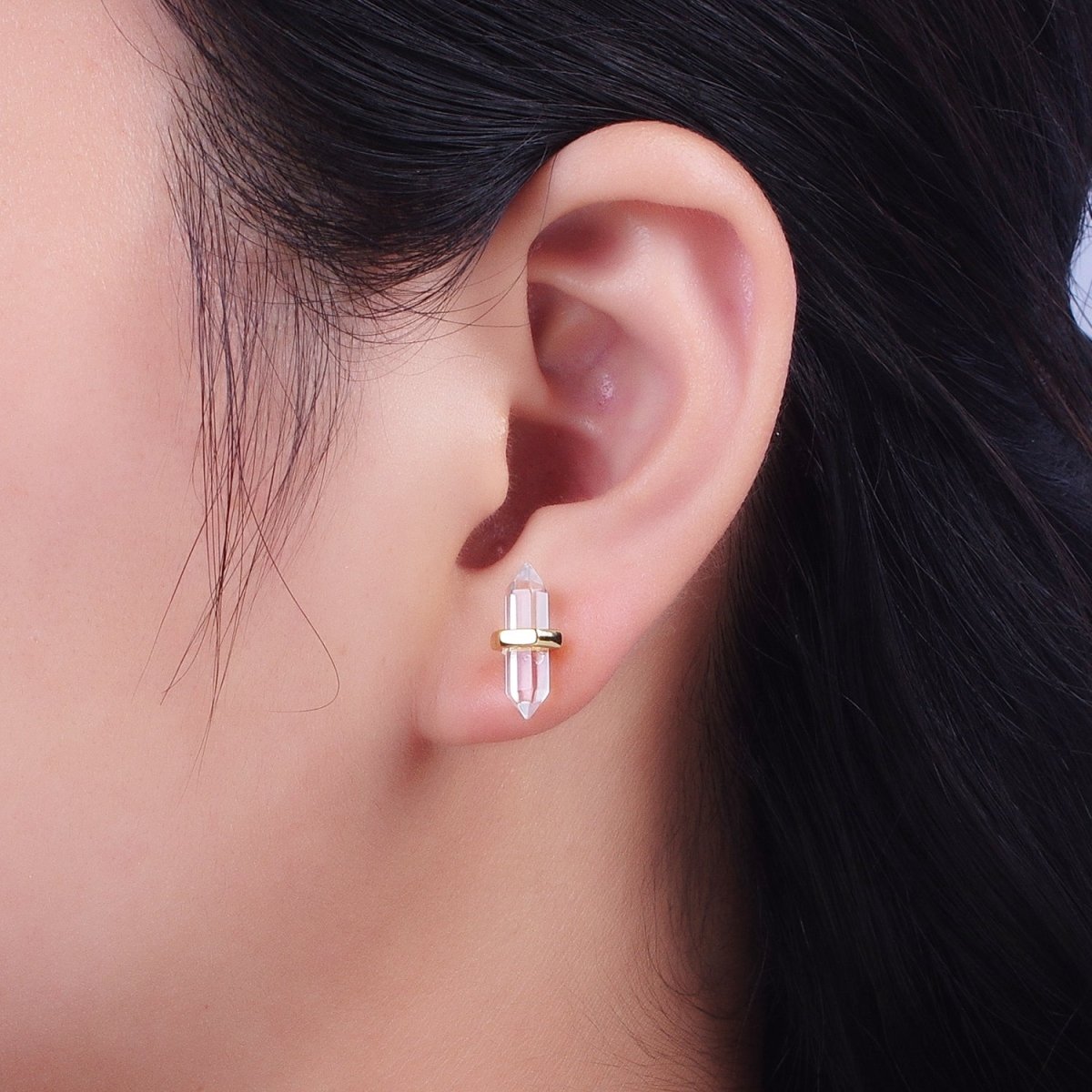 Clear Quartz Pointed Wand Gold Minimalist Stud Earrings | AD-097