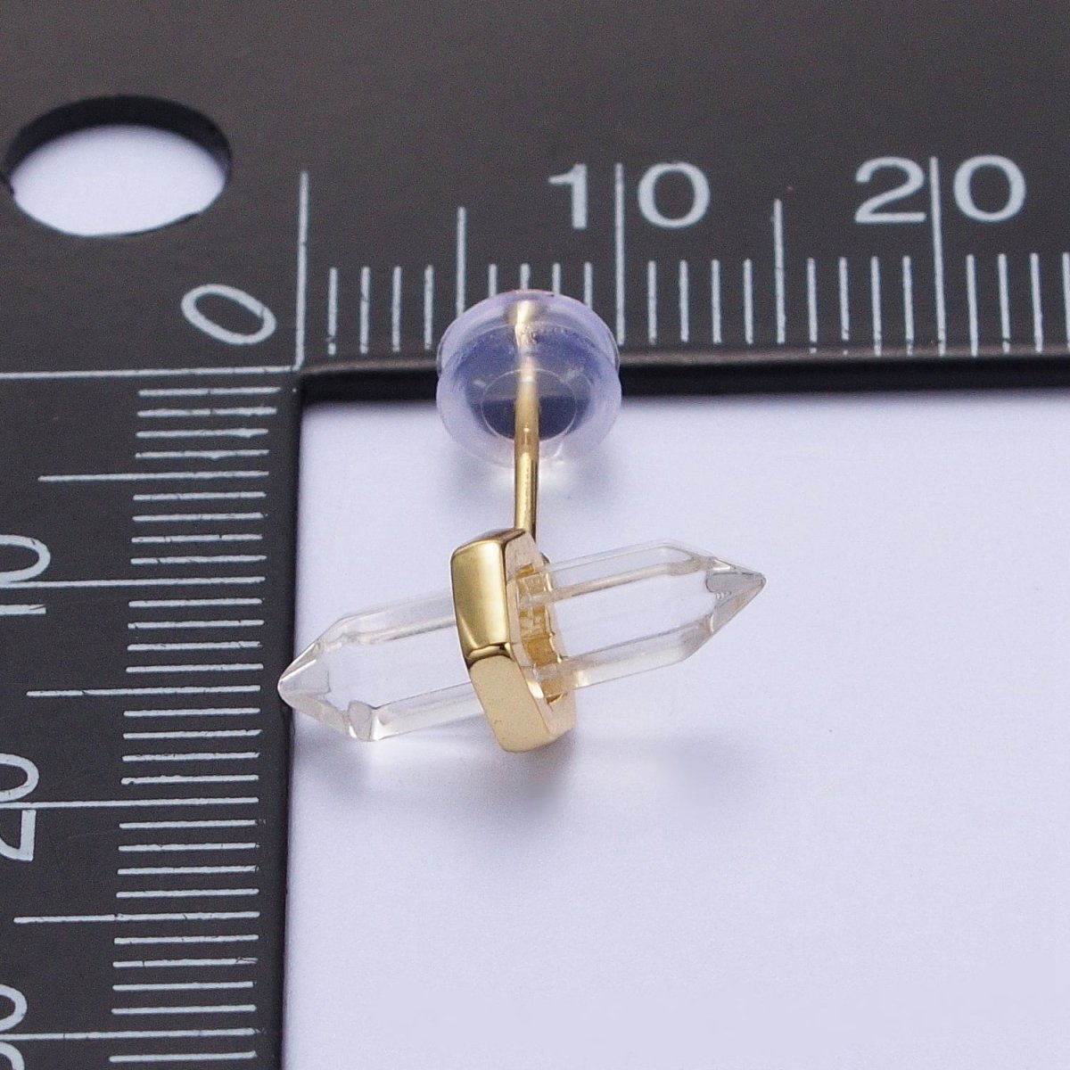 Clear Quartz Pointed Wand Gold Minimalist Stud Earrings | AD-097
