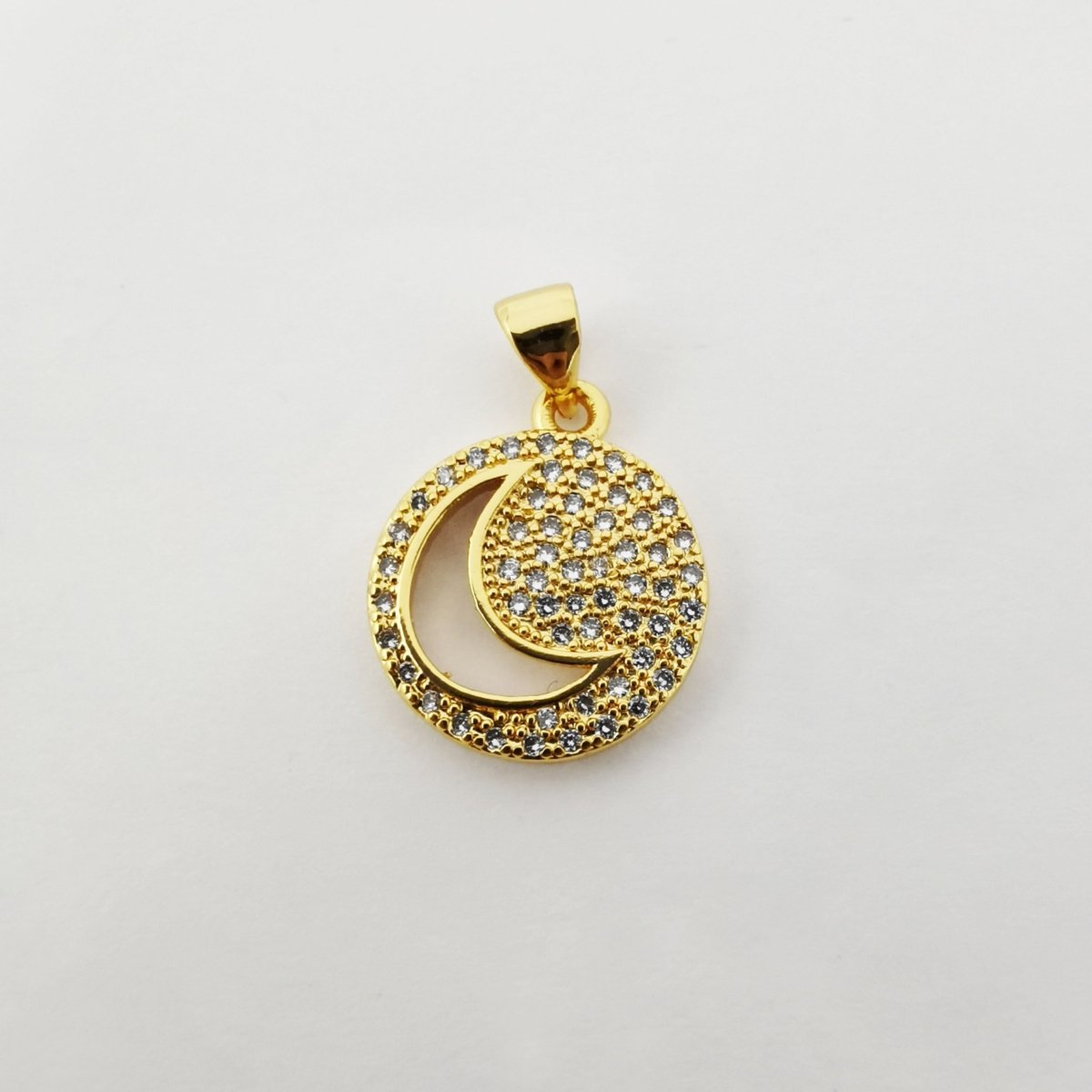 Clearance! Gold / Silver Circle Celestial Moon and Star Pave Cubic Zirconia Crystal Pendant for DIY Necklace H-312