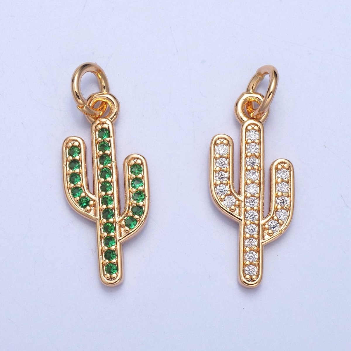 16K Gold Filled Clear, Green Micro Paved CZ Cactus Desert Plant Charm | X036 X037