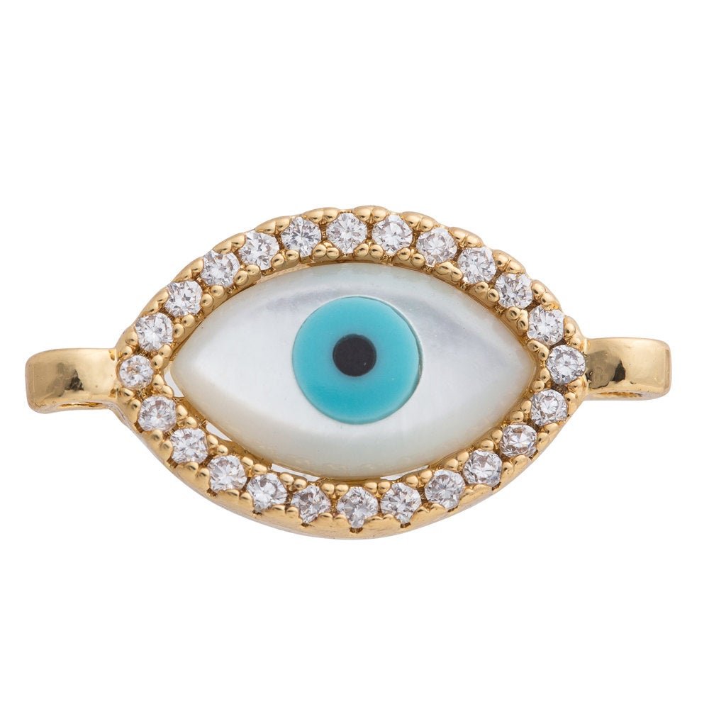 Cubic Zirconia Elongated Evil Eye Protection Cooper Charm Connector, Crystal CZ Pave Czech Bracelet Design Plated Material F-258