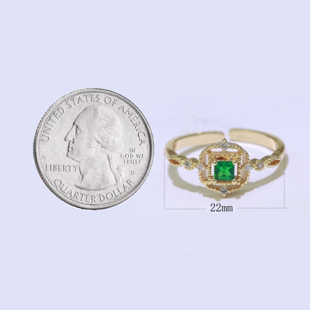 Cubic Zirconia Green Ring, Vintage Style Micro Pave CZ Open Adjustable Ring Gold Filled O-449
