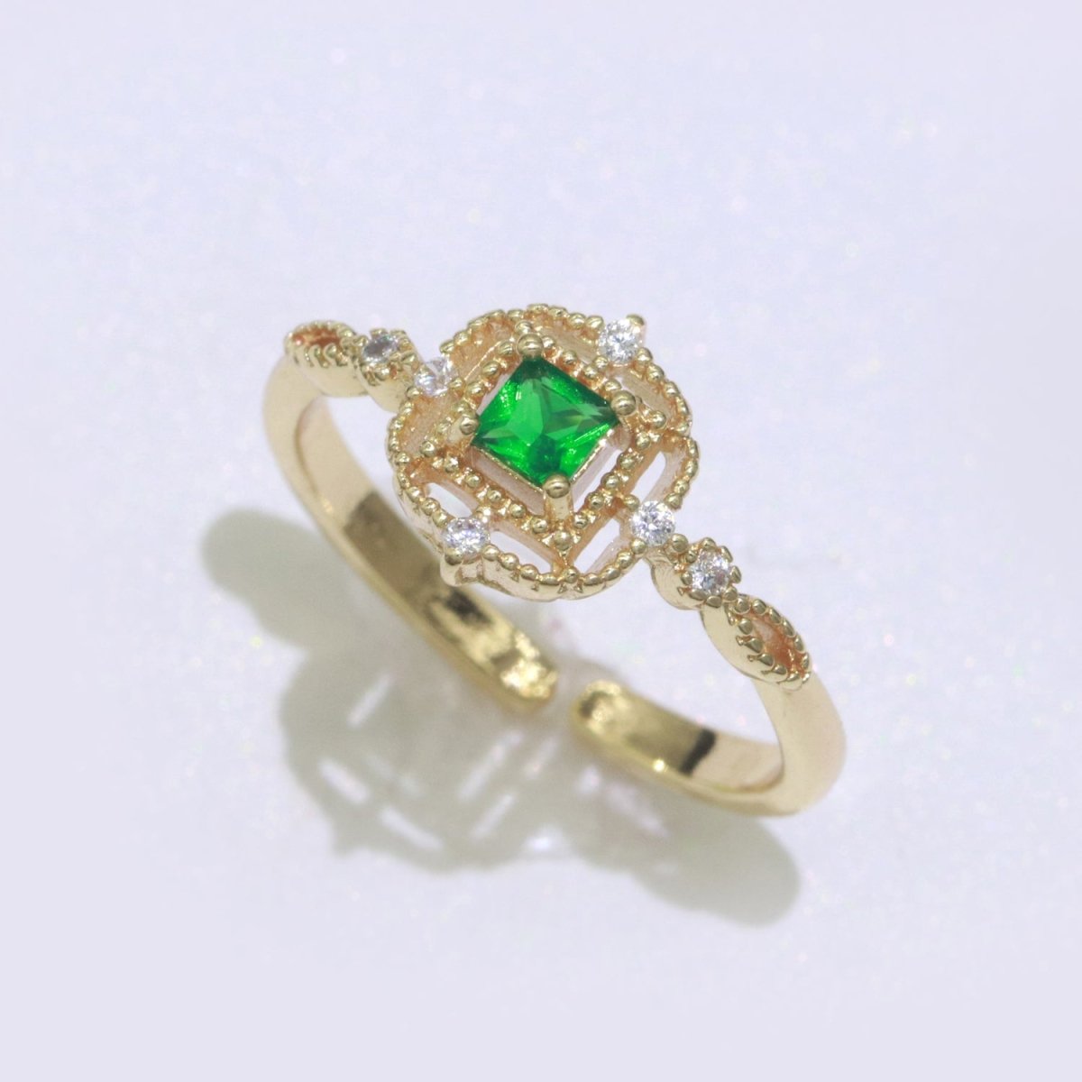 Cubic Zirconia Green Ring, Vintage Style Micro Pave CZ Open Adjustable Ring Gold Filled O-449