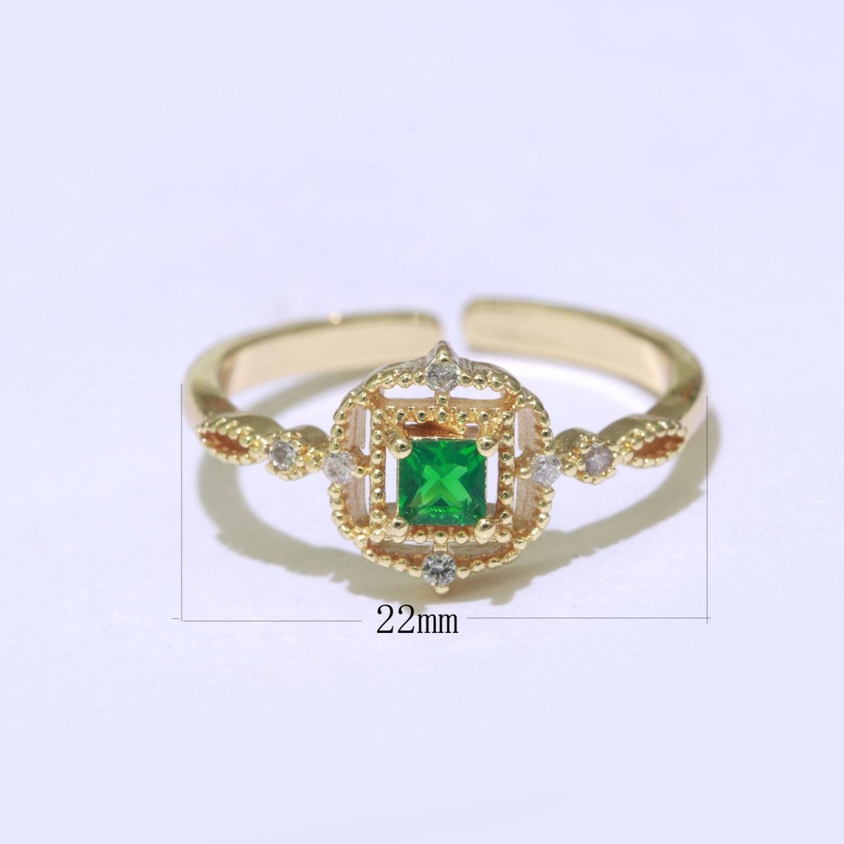 Cubic Zirconia Green Ring, Vintage Style Micro Pave CZ Open Adjustable Ring Gold Filled O-449