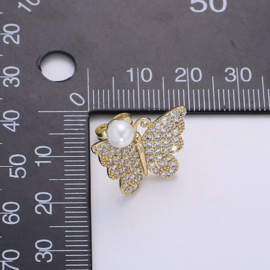 Cz Butterfly Pearl Earring, Butterfly Gold Stud Earring, Faux Pearl Earring, Silver Wedding Jewelry, Statement Jewelry P-096 P-097