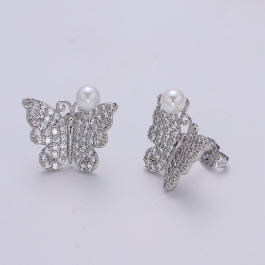Cz Butterfly Pearl Earring, Butterfly Gold Stud Earring, Faux Pearl Earring, Silver Wedding Jewelry, Statement Jewelry P-096 P-097