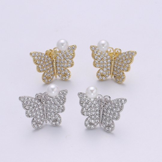 Cz Butterfly Pearl Earring, Butterfly Gold Stud Earring, Faux Pearl Earring, Silver Wedding Jewelry, Statement Jewelry P-096 P-097