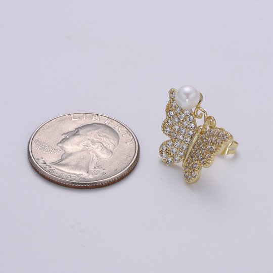 Cz Butterfly Pearl Earring, Butterfly Gold Stud Earring, Faux Pearl Earring, Silver Wedding Jewelry, Statement Jewelry P-096 P-097