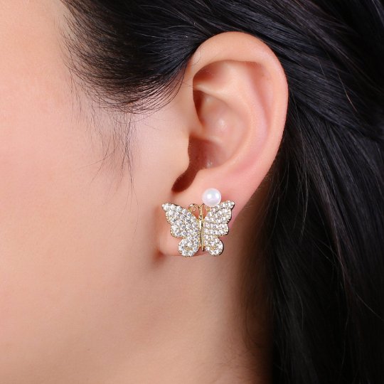 Cz Butterfly Pearl Earring, Butterfly Gold Stud Earring, Faux Pearl Earring, Silver Wedding Jewelry, Statement Jewelry P-096 P-097