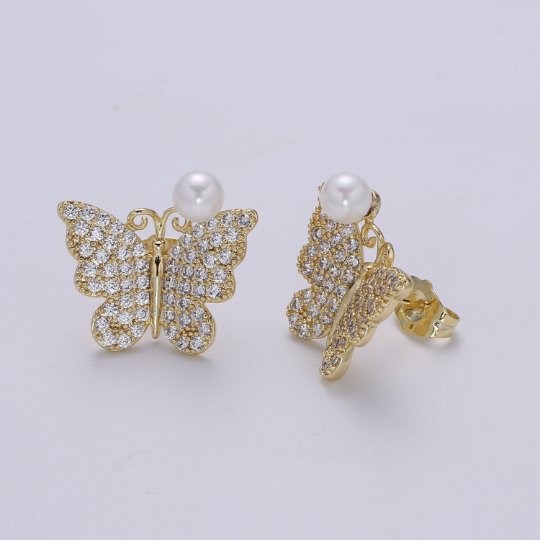 Cz Butterfly Pearl Earring, Butterfly Gold Stud Earring, Faux Pearl Earring, Silver Wedding Jewelry, Statement Jewelry P-096 P-097