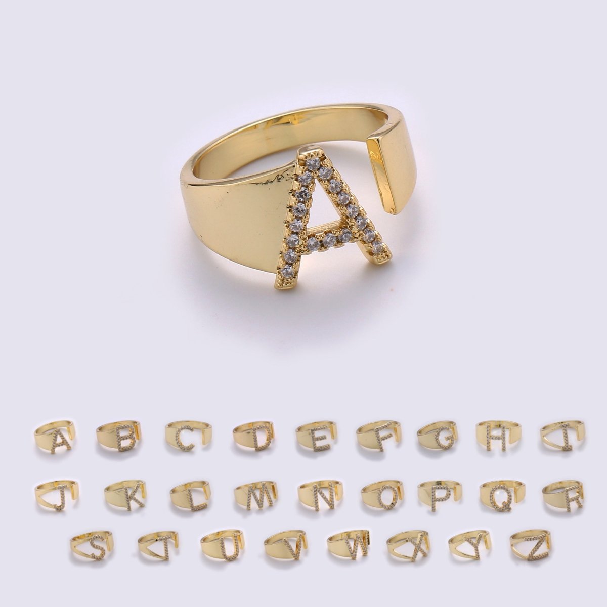 Cz Initial Gold Ring Alphabet Ring Gold Stacking Ring Adjustable Ring Letter Ring Vintage Gold Rings Initial Ring Thumb Ring Open Ring R-396-R-421