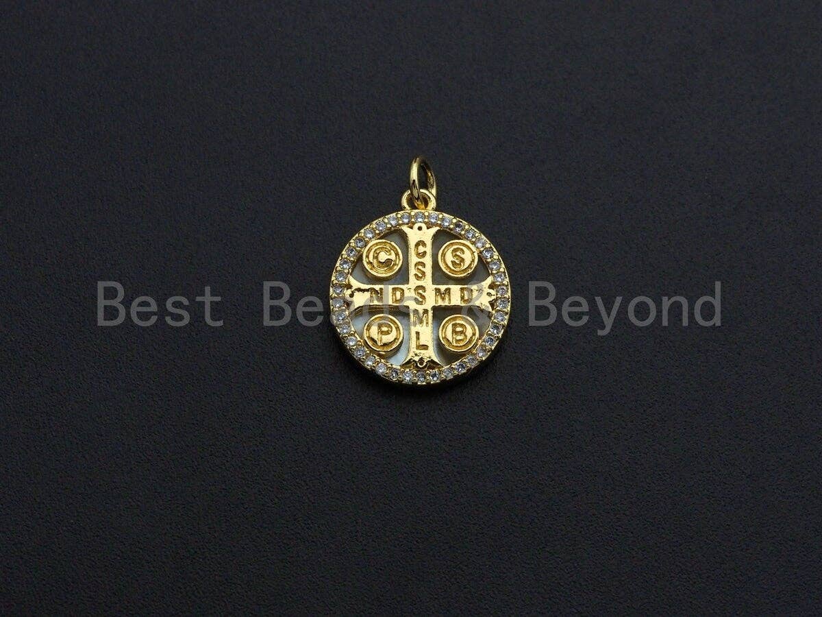 18K Gold CZ Micro Pave Saint Bendict Benito Pendant Charm, z851
