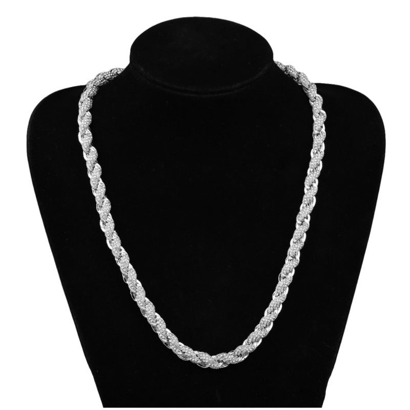 European And American Hip-Hop Mens Necklace 10mm Alloy Braided Chain With Diamonds