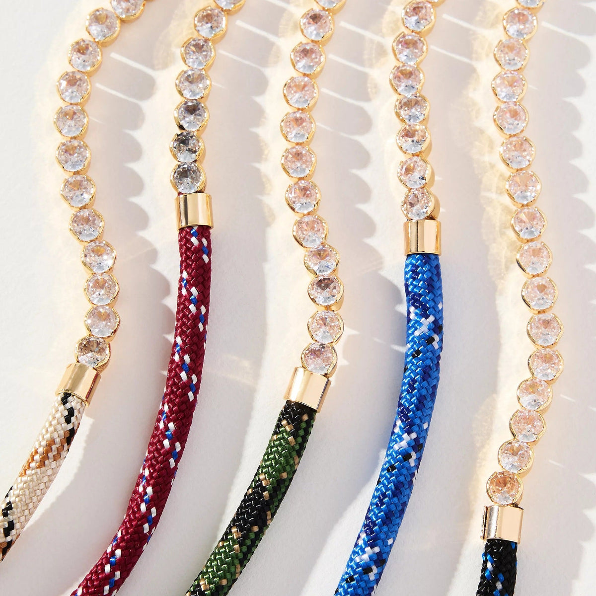Off-white Brown-striped Woven Necklace With Diamond-encrusted Gold Chain