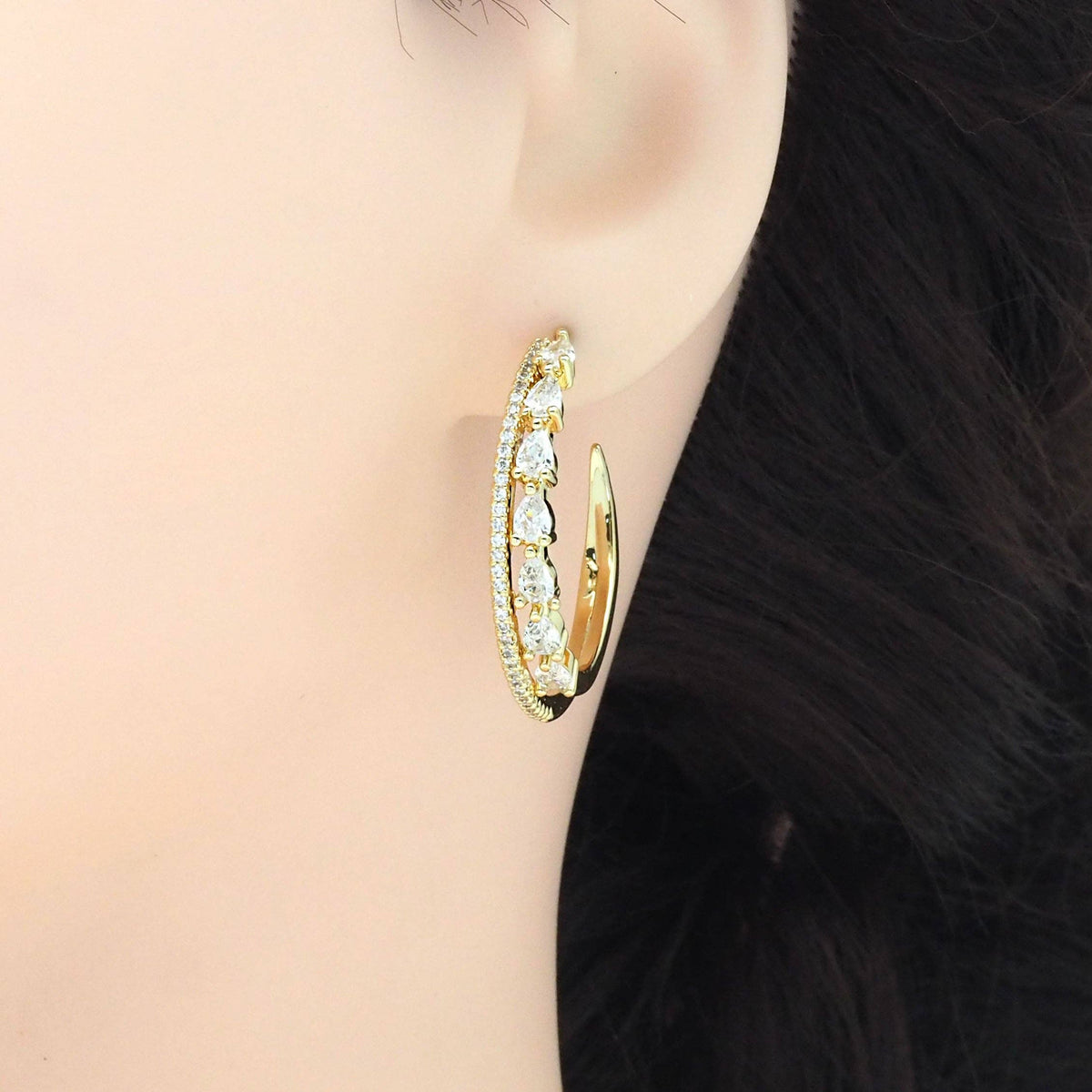 Clear Teardrop CZ Double Line Hoop Earrings, Sku#LX258