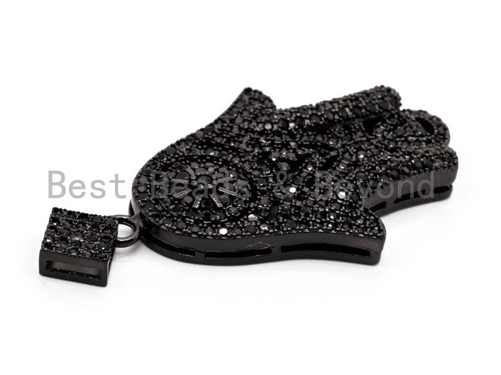 Black CZ Pave On Black Micro Pave Hamsa Hand with Flat Square Bail Pendant, 26x39mm, sku#F378