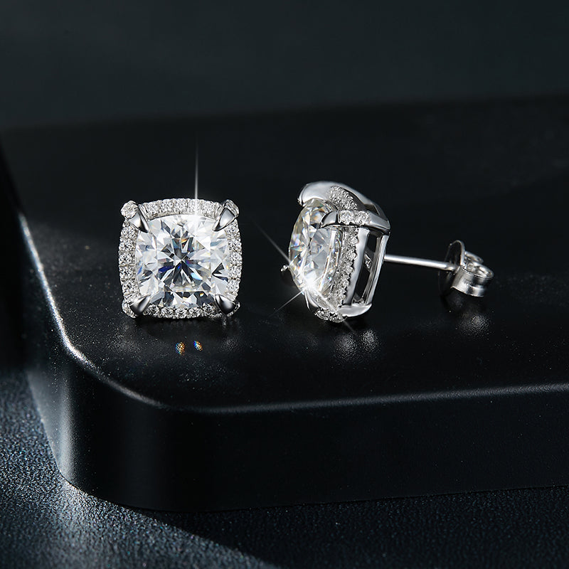 S925 Sterling Silver 8x8mm Cushion Cut Moissanite Stud Earrings  Platinum Plated Halo Setting With GRA Certificate Luxury Jewelry Gift Box Set For Women