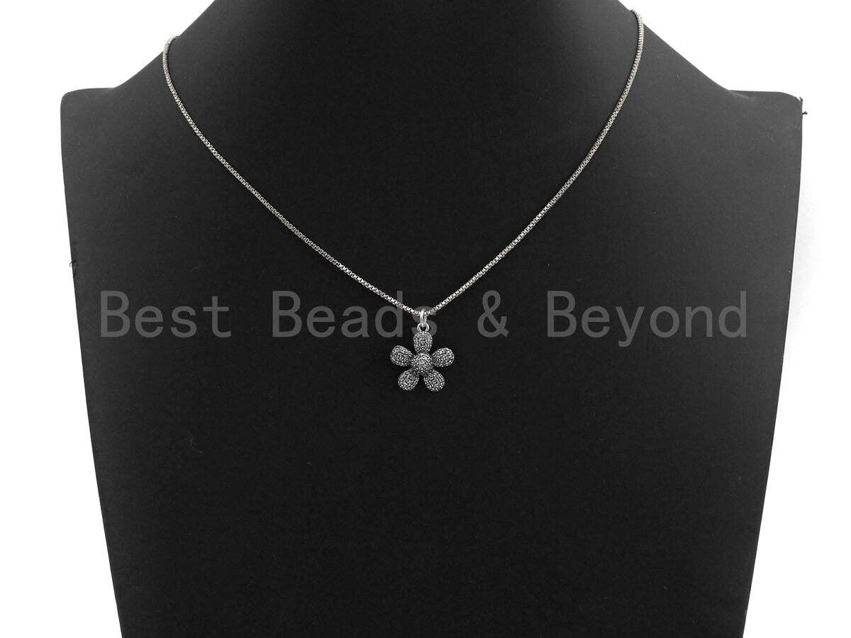 CZ Micro Pave Flower Pendant, Antique Silver Tone, Clear Cubic Zirconia Big Pave Flower Charm Pendant, 17x18mm,sku#F1008