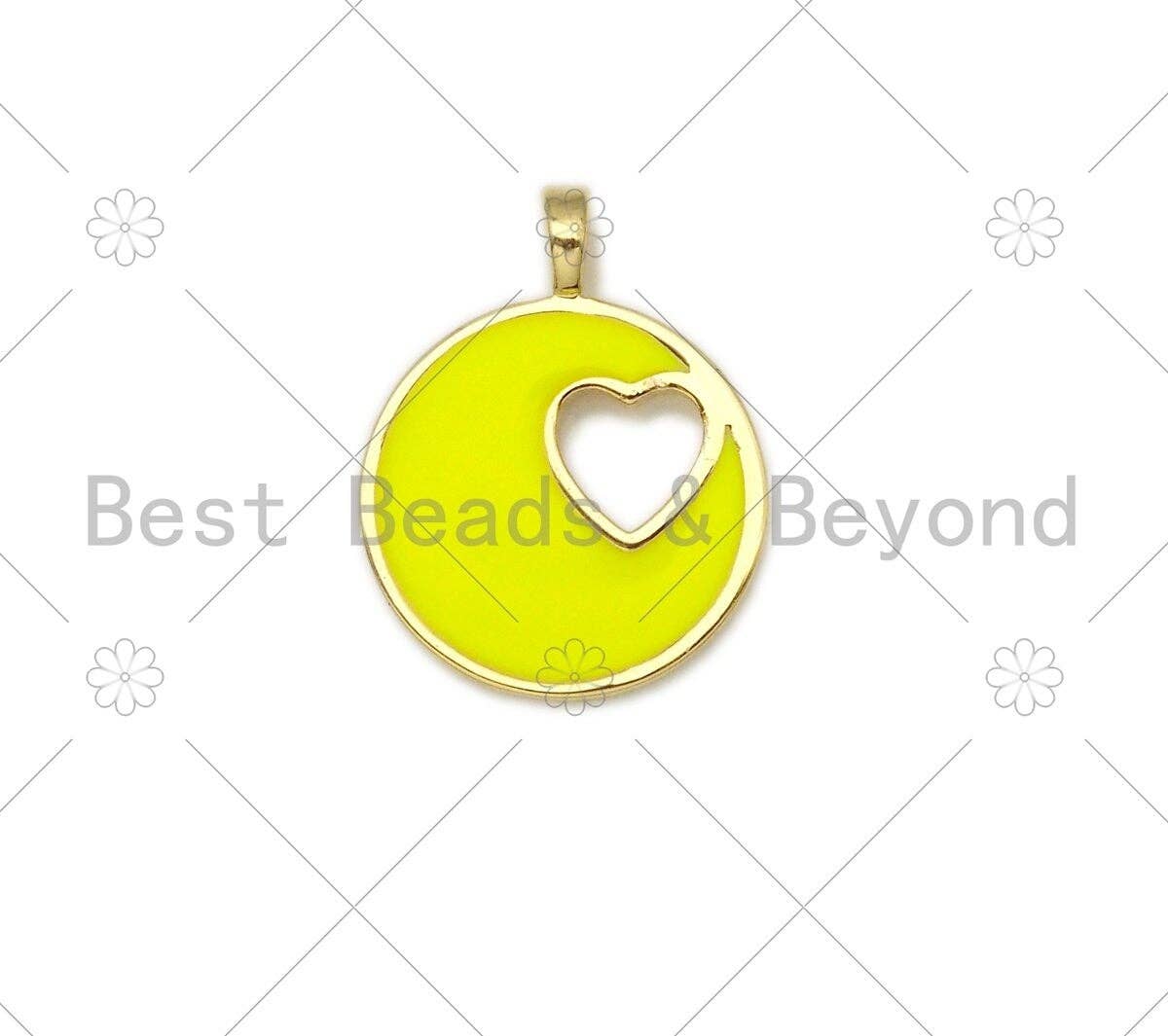 Colorful Enamel Hollow Out Heart On Round Coin Pendant,18K Gold Filled Heart Charm,Enamel Pendant,Enamel Jewelry,23x18mm,sku#L587