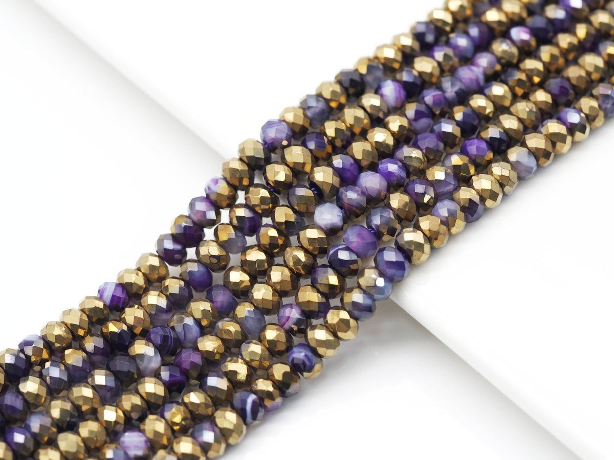 Hlaf Gold Plated Natural Purple Banded Agate Rondelle Faceted Beads, Sku#UA273c