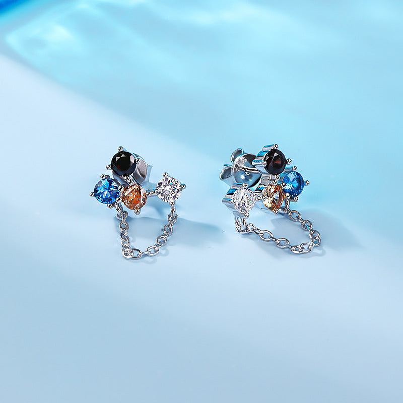 S925 Silver Asymmetric Multicolor Zircon Tassel Drop Earrings, Women Unique Versatile Dangle Jewelry