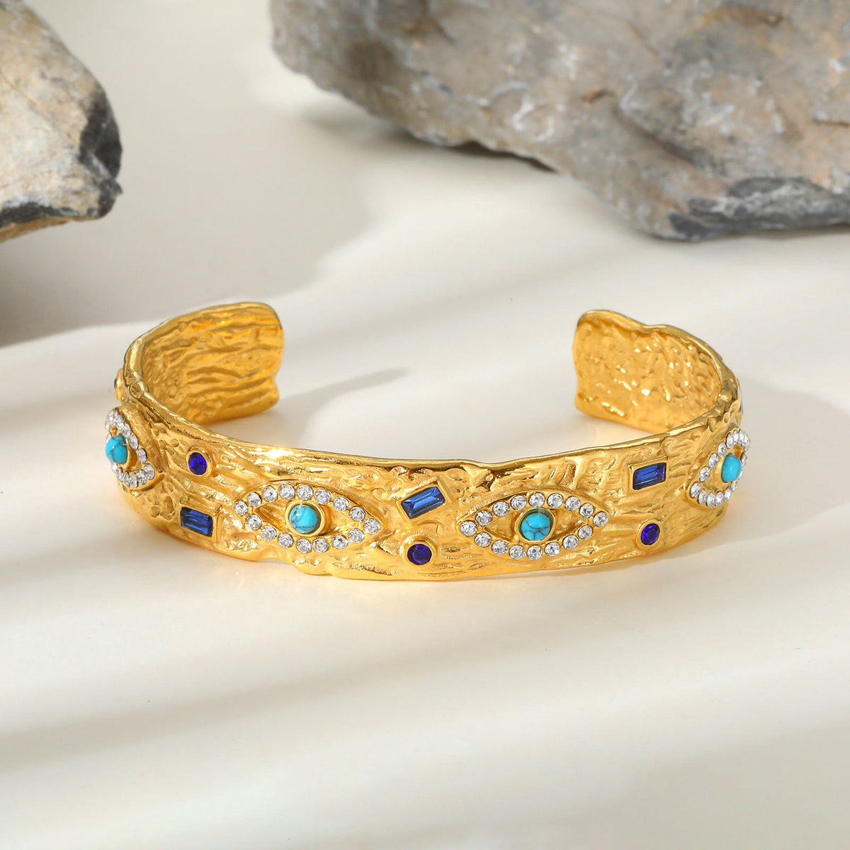 Stainless Steel Zircon Turquoise Eye Open Bracelet In Gold Color
