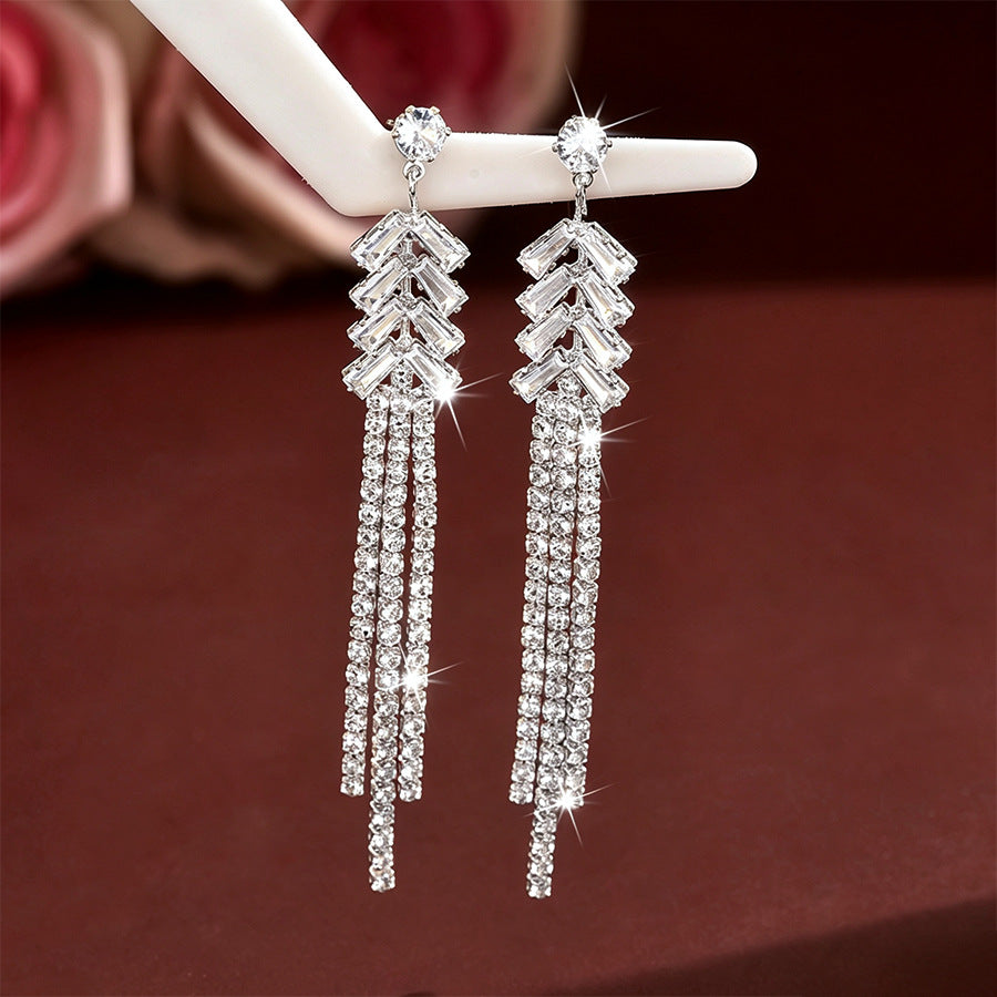 Womens Long Wheat Spike Tassel Rhinestone Dangle Earrings,Costume Earrings For Wedding Banquet Party Wear