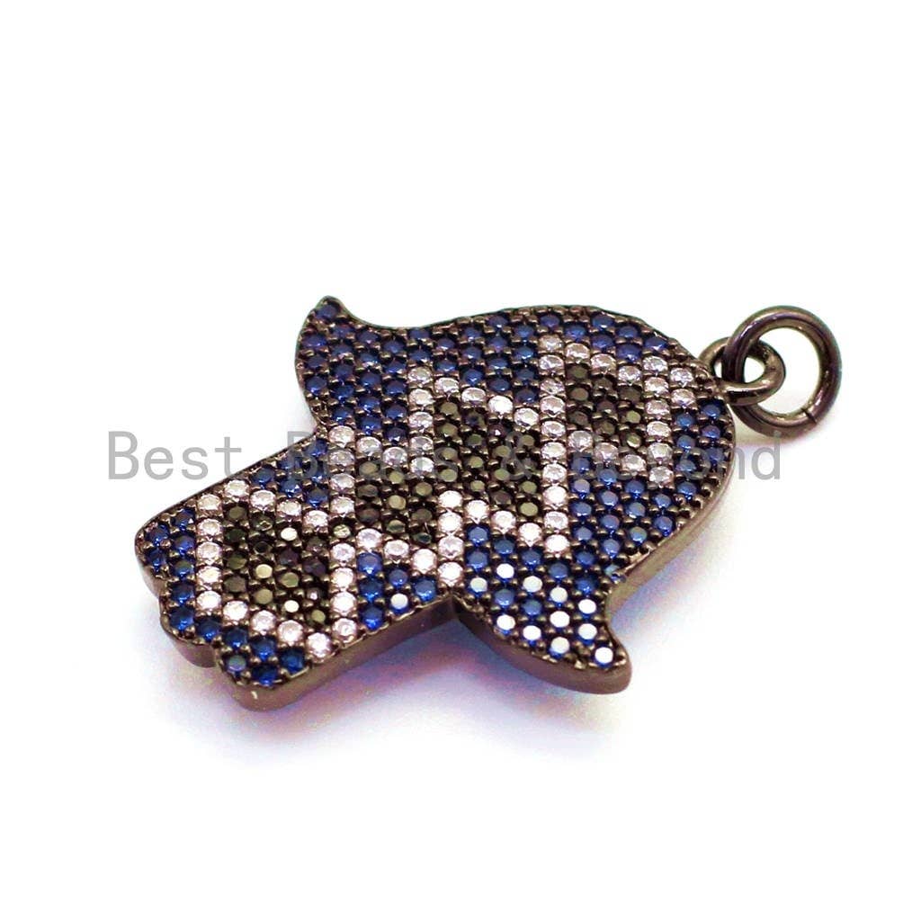 CZ Micro Pave Cobalt Hamsa Hand Pendant for Bracelet/Necklace, Cubic Zirconia Pendant/Charm, Jewelry Findings, 22x29mm,sku#F35