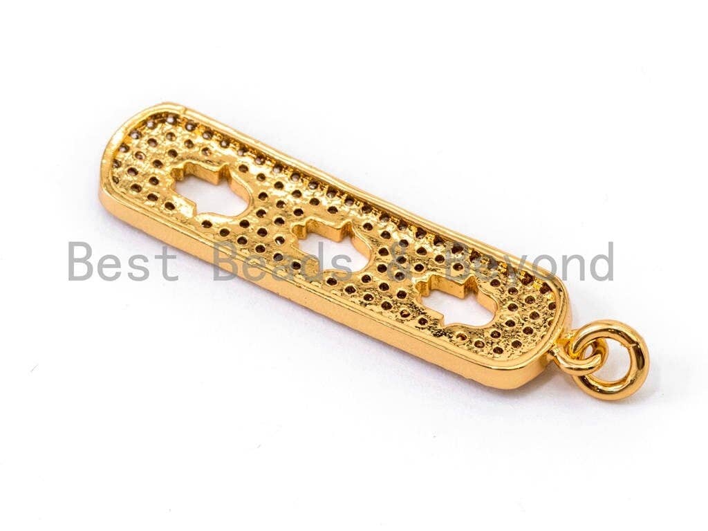 CZ Micro Pave Rectangle Pendant/Charm with 3 little Hollow Hamsa Hand, Cubic Zirconia Pave Bar Pendant, 8x34mm, sku#F203