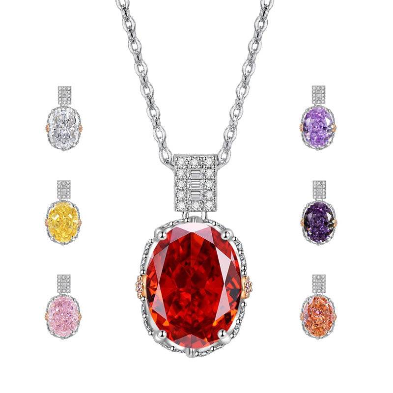 Multicolor Ice Flower Cut Oval CZ Pendant Necklace, 10*14mm 8A Cubic Zirconia, Two-Tone Pave CZ Halo with Pavé Top Frame, Adjustable Chain