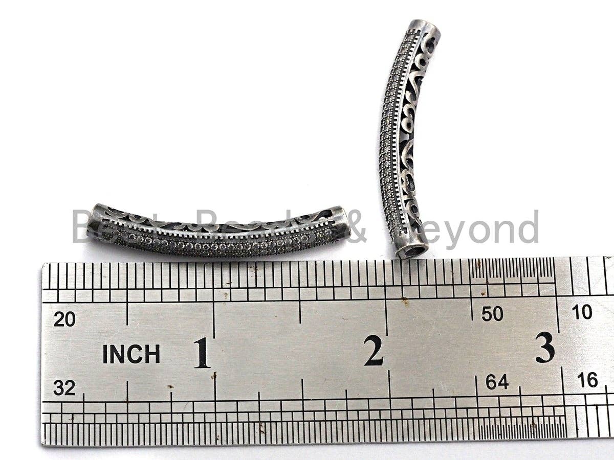 Antique Silver Color CZ Micro Pave Tube for Bracelet/Necklace, Cubic Zirconia Separator Tube in Oxidized Silver, 5x40mm, sku#X123