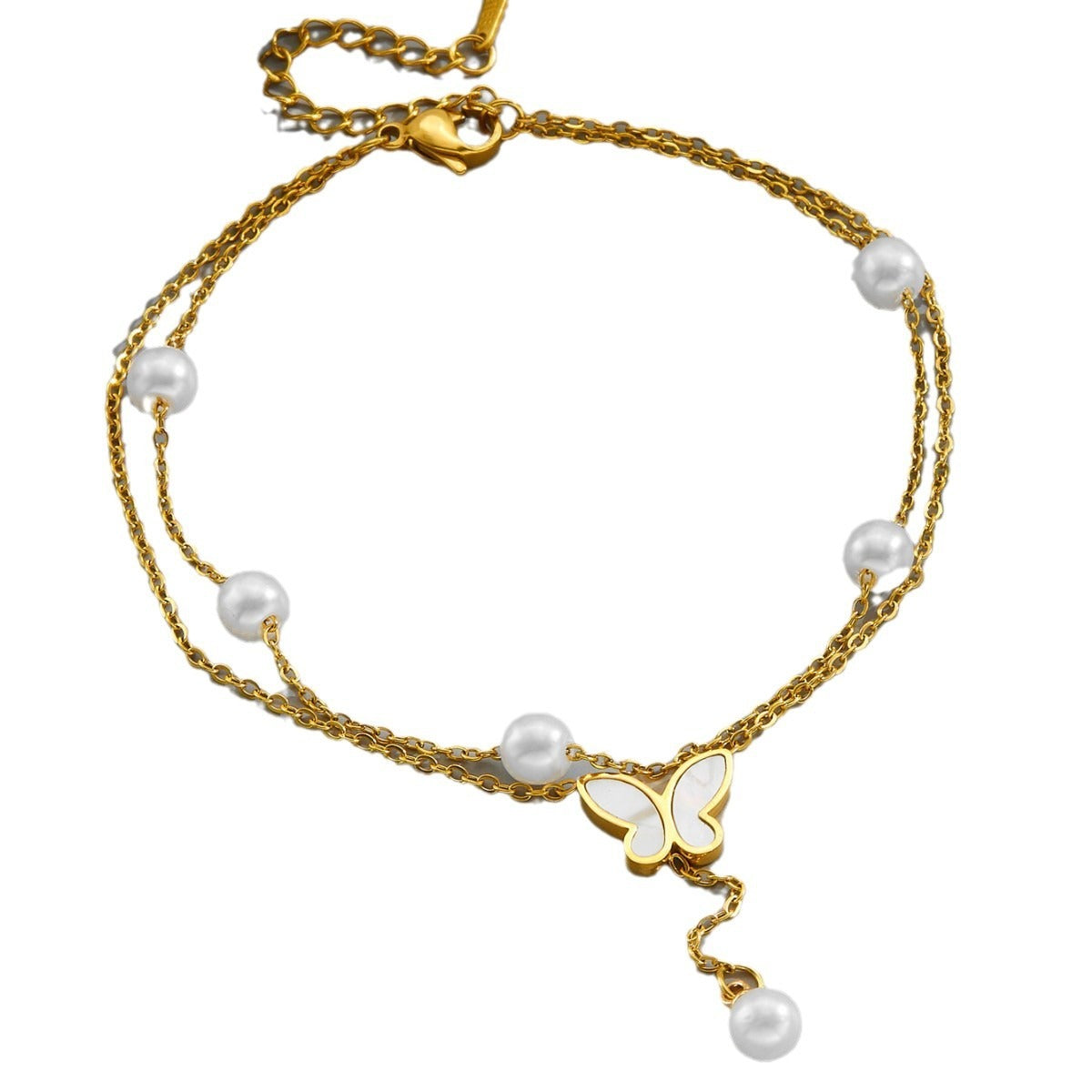 18k gold light luxury multi-layer stacked pearl butterfly tassel anklet