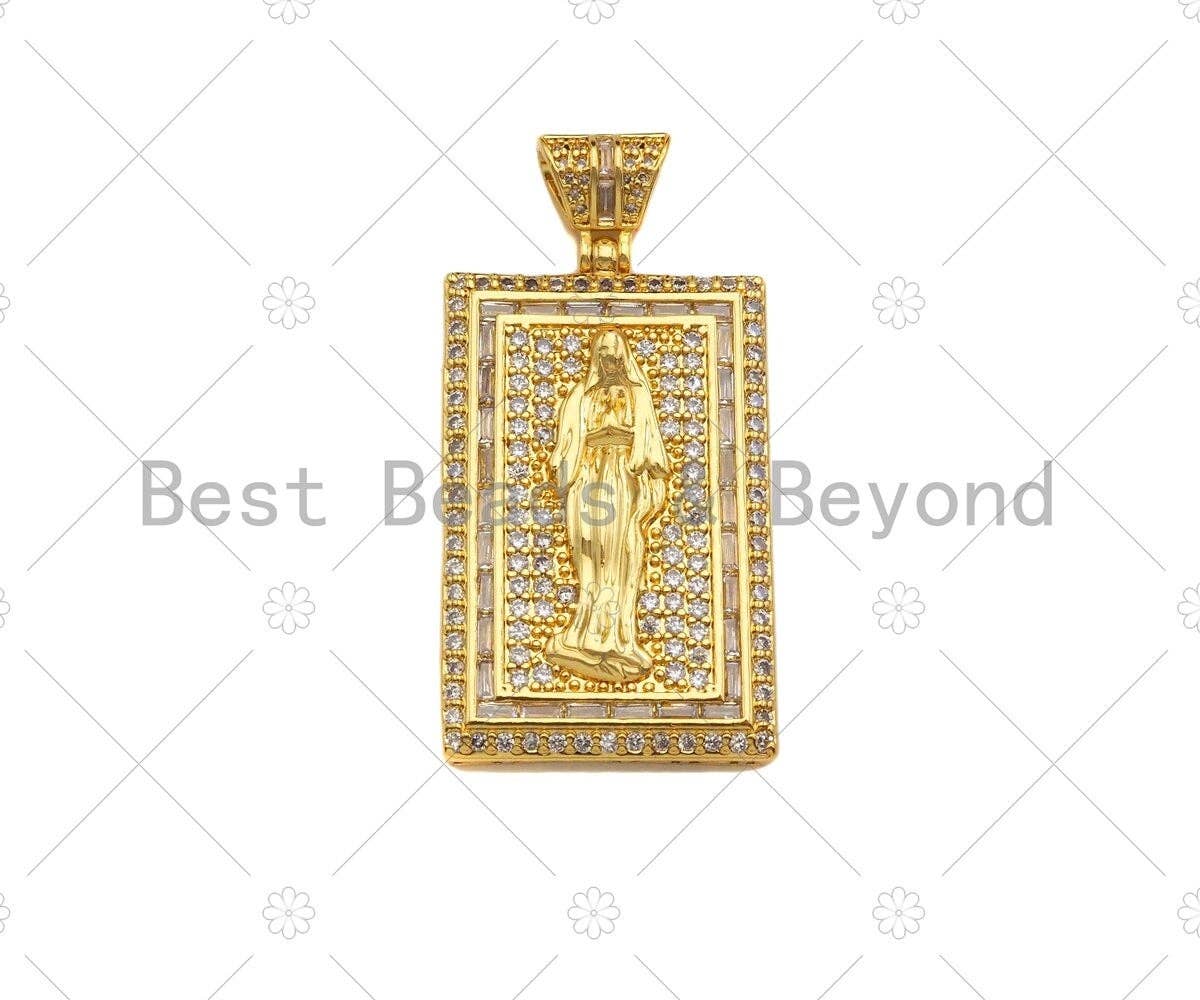 CZ Micro Pave Virgin Mary Cross Anchor On Rectangle Charm/Pendant,Rectangle Pave Pendant, 24x47mm,Sku#LD20