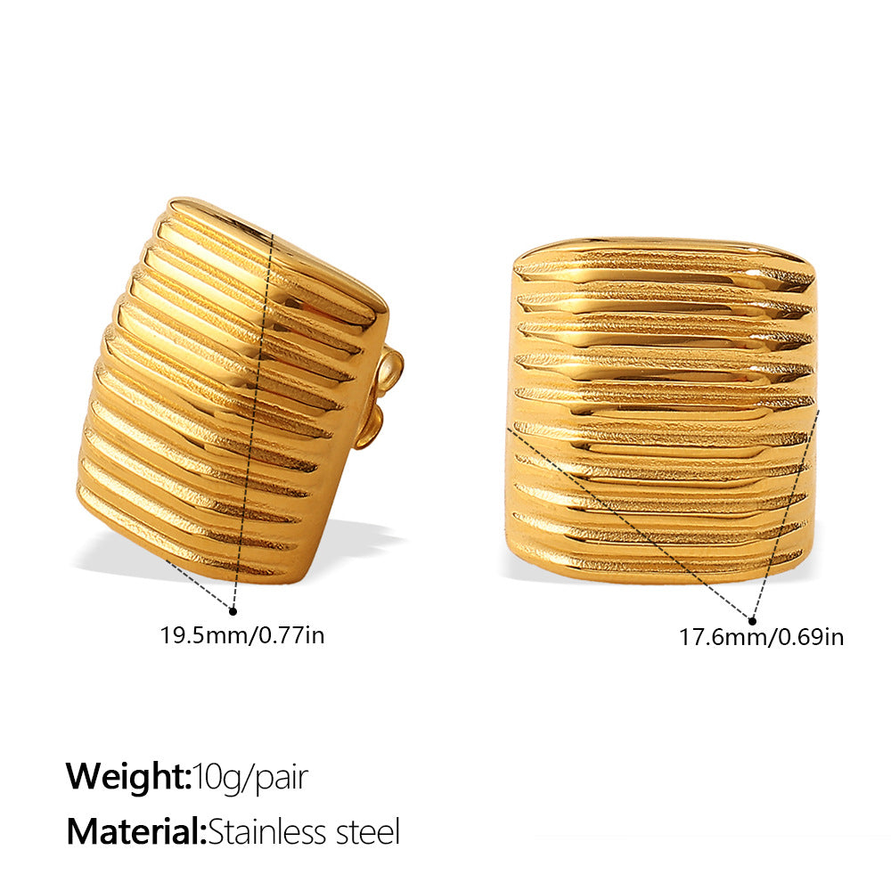 Korean Style Minimalist Striped Square Stud Earrings, 18K Gold Plated Stainless Steel, Elegant Daily Jewelry For Women
